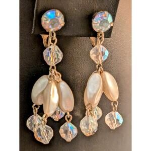 Vintage Aurora Borealis Crystal Faux Pearl Chandelier Dangle Clip On Earrings